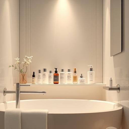 Bathroom setup with skincare bottles
