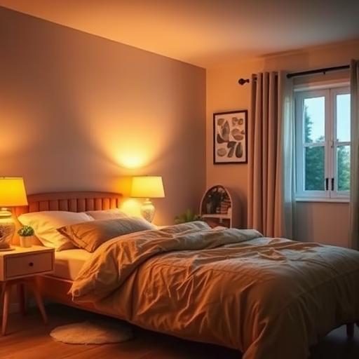 A bedroom softly illuminated by warm glowing light