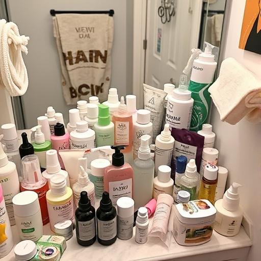 A chaotic bathroom counter cluttered with various skincare products