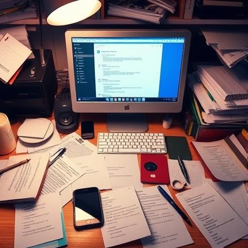 A cluttered desk with a computer, smartphone buzzing with notifications, and a long to-do list scattered around.