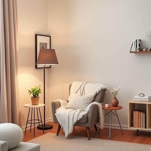 A cozy corner of a living room transformed into a self-soothing space.