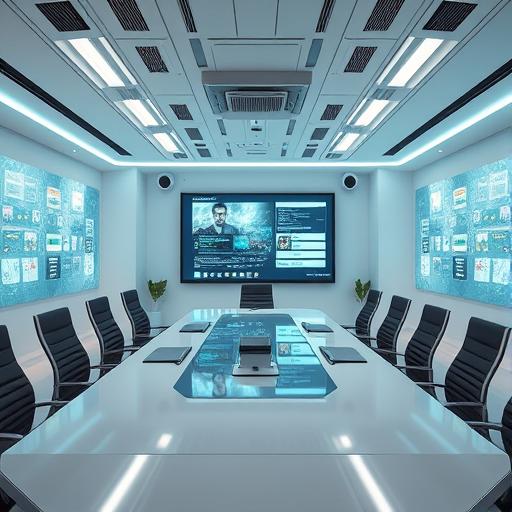 Futuristic scene of a meeting room equipped with advanced tech
