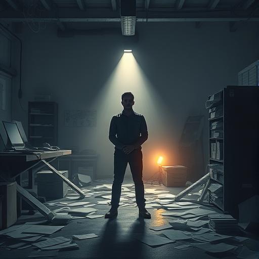 A person standing in a gloomy workspace, representing declining productivity and performance.