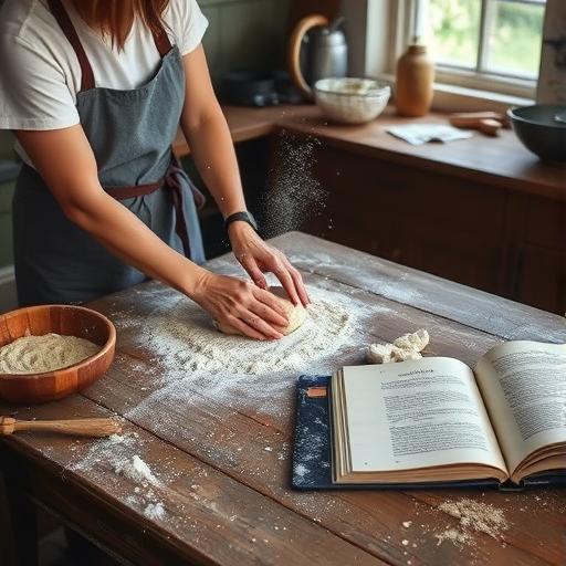 A rustic kitchen scene with someone baking