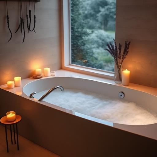 A serene bathroom setting with a large modern bathtub