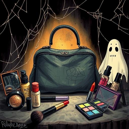 A spooky-themed illustration with an old, dusty makeup bag spotlighted.