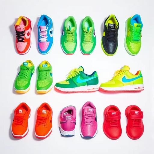 A vibrant array of sneakers in neon greens, blues, and reds
