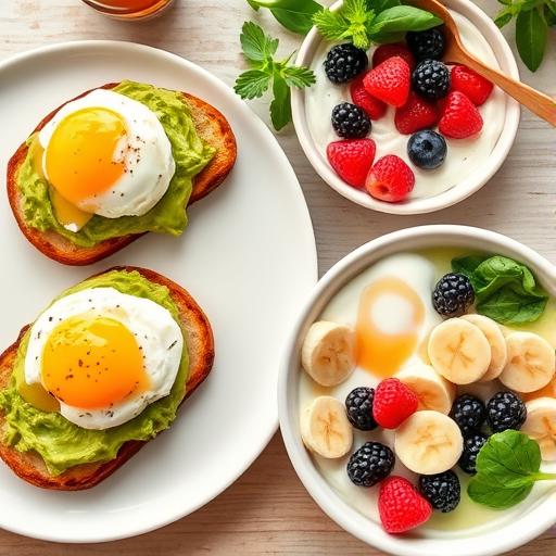 A vibrant breakfast spread including an avocado toast