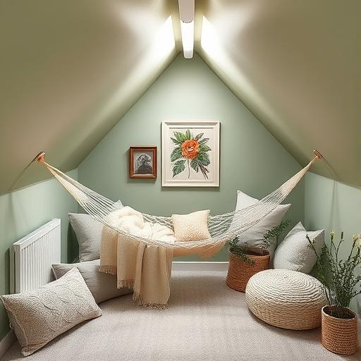 An attic space creatively used as a calming corner and personal retreat.