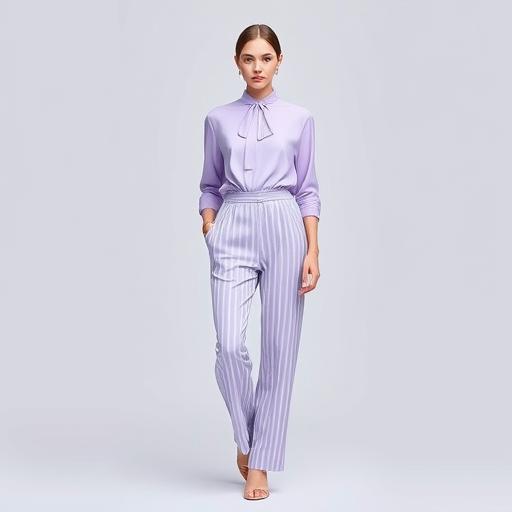 An elegant figure wearing a monochrome outfit in varying shades of lavender