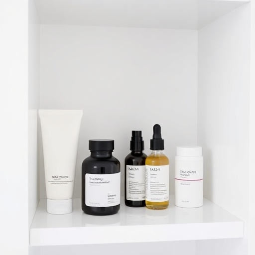 An image of a minimalist skincare shelf, neatly organized with essential products.