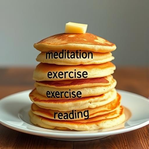Artistic representation of pancakes stacked on a plate, symbolizing habit stacking.