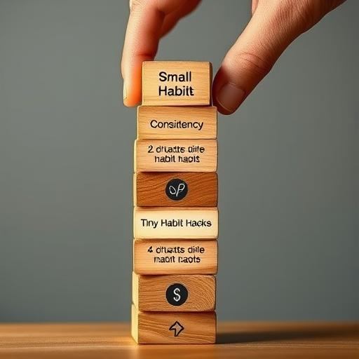 Depiction of building blocks being stacked by a hand, representing the careful construction of a habit routine.