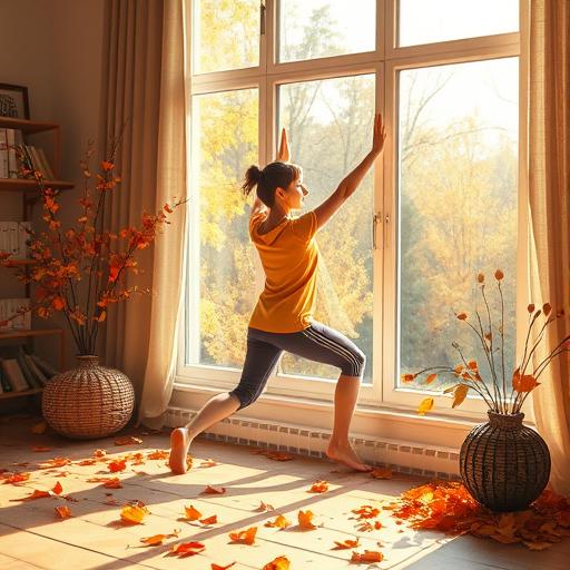 A cozy, inviting autumn scene with fallen leaves and a person stretching by a large window, capturing the concept of seasonal body awareness and mindfulness.