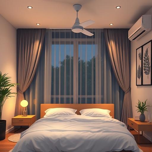 Serene bedroom with blackout curtains and a cooling fan