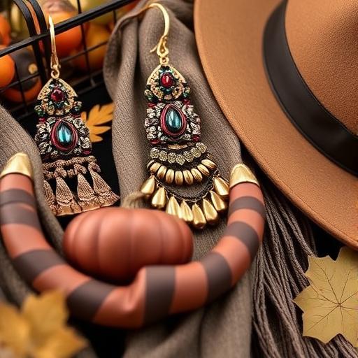 A close-up shot of fall accessories such as bold statement jewelry and scarves.