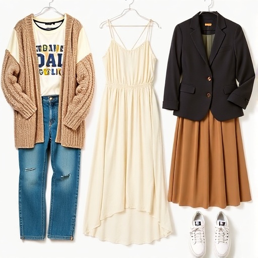 A composition featuring fashionable fall outfits including vintage jewelry