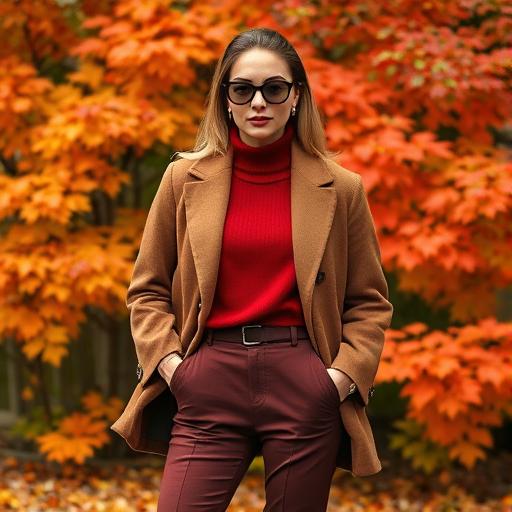 A fashion-forward individual dressed in a chic, monochrome outfit, perfectly coordinated in autumnal colors like deep reds or camel tones, standing amidst a backdrop of vibrant fall foliage.