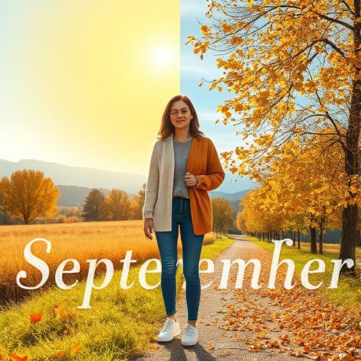 An image illustrating September's unpredictable weather with a split view of a sunny landscape on one side and a cool, breezy autumn scene on the other