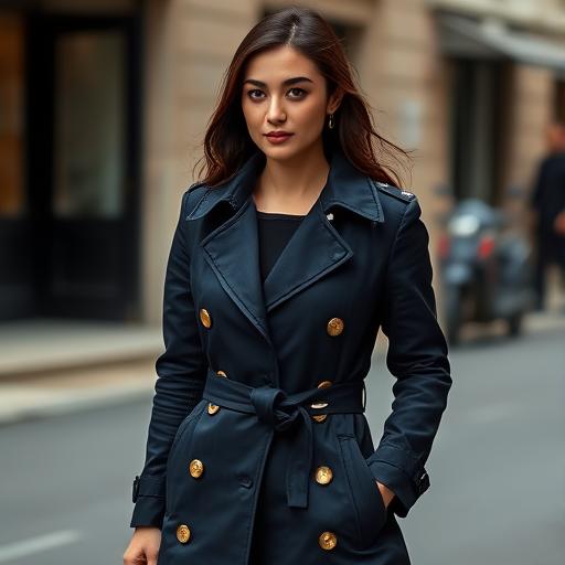 An individual in a monochrome navy ensemble featuring fall fashion trends.