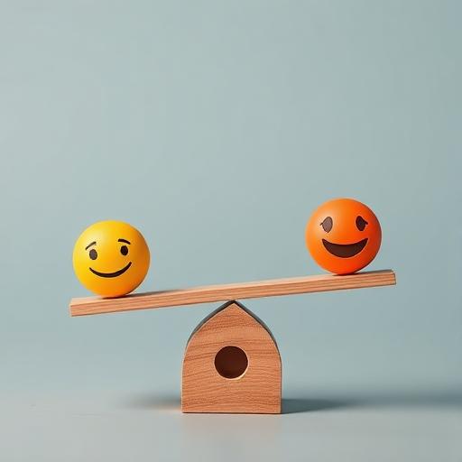 A balanced seesaw with emojis representing different emotions