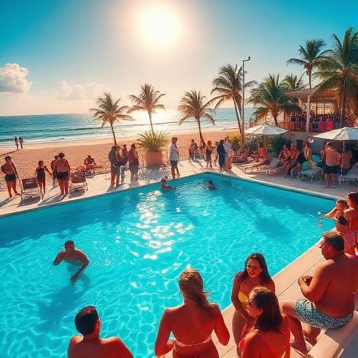 A bright and vibrant scene of a summer day with the sun shining, a beach view, and people enjoying a lively pool party.