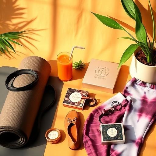 An inviting scene showcasing items that blend wellness aesthetics with fashion. Picture a cozy yoga mat paired with sleek athletic wear, a vibrant smoothie, and a collection of stylish yet sustainable clothing, like hemp shoes and tie-dye leggings.