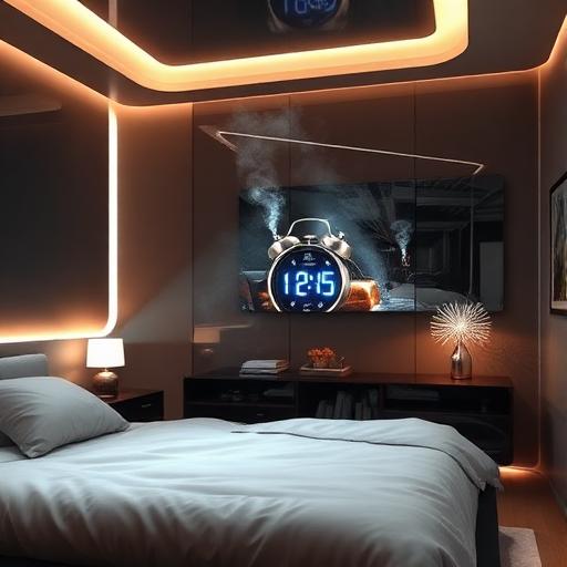 Futuristic depiction of a bedroom where an alarm clock disperses calming scents to wake you gently
