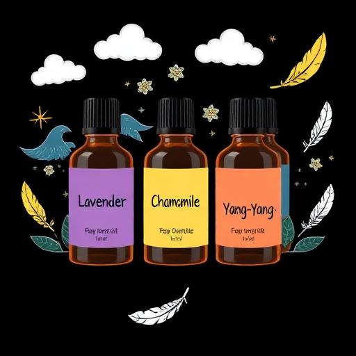 Graphic of essential oil bottles labeled with popular aromatherapy oils