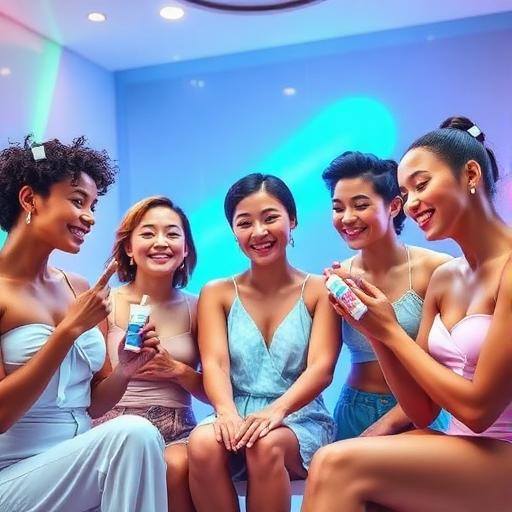A futuristic and vibrant scene representing the evolution of skincare beyond face care. The image features diverse individuals happily applying skincare products to various parts of their bodies, such as elbows and knees, highlighting the shift towards full-body skincare in 2026.