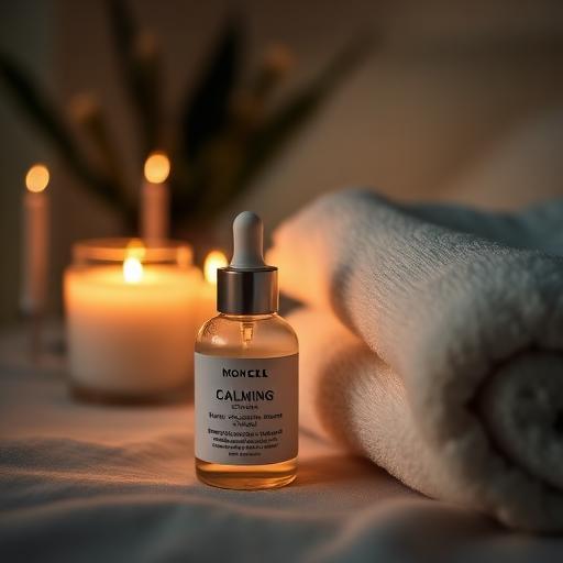 Serene nighttime setting with candles and skincare